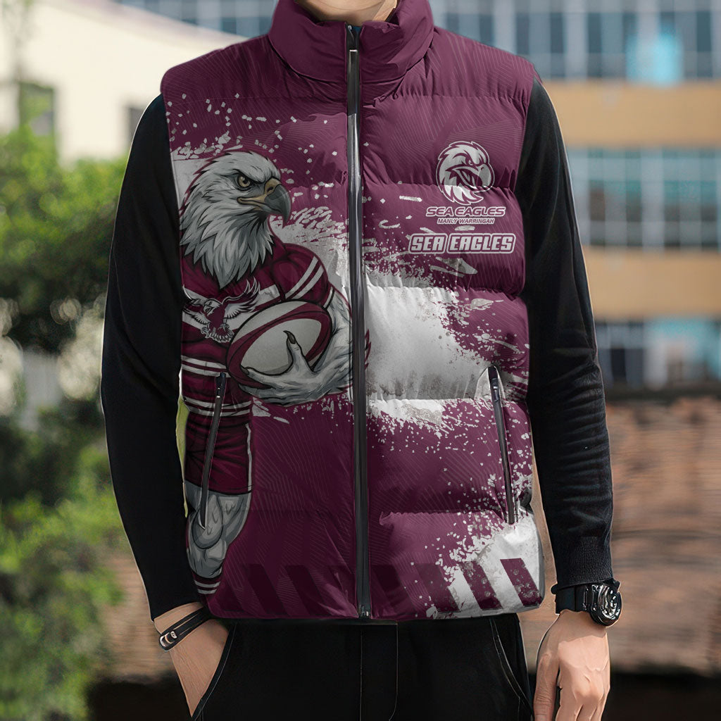 Personalised Manly Warringah Sea Eagles Rugby Sleeveless Puffer Jacket MAN Mascot - Sporty Splash Art Style