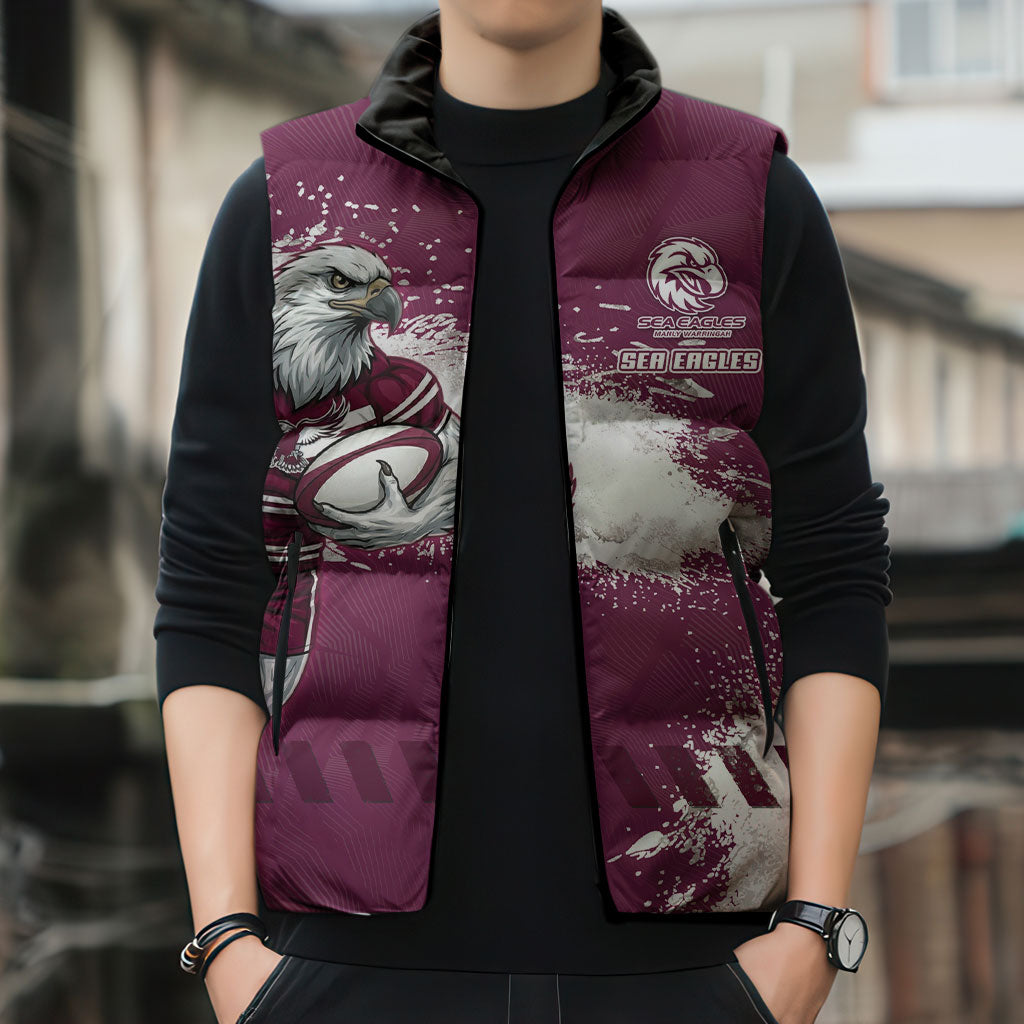 Personalised Manly Warringah Sea Eagles Rugby Sleeveless Puffer Jacket MAN Mascot - Sporty Splash Art Style