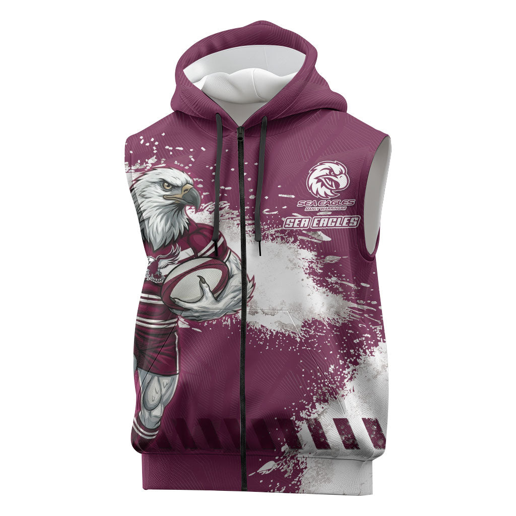 Personalised Manly Warringah Sea Eagles Rugby Sleeveless Zip Hoodie MAN Mascot - Sporty Splash Art Style