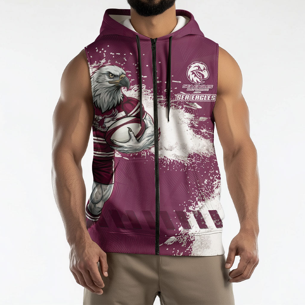 Personalised Manly Warringah Sea Eagles Rugby Sleeveless Zip Hoodie MAN Mascot - Sporty Splash Art Style