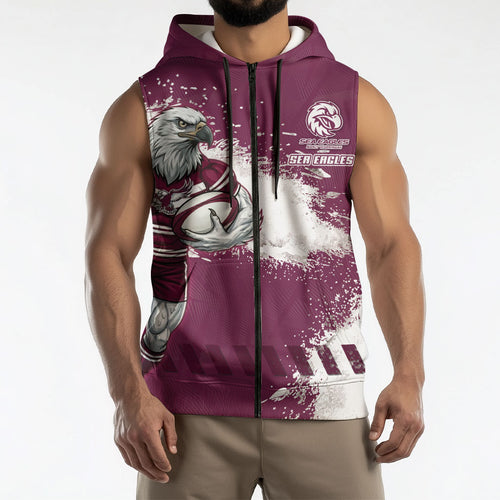 Personalised Manly Warringah Sea Eagles Rugby Sleeveless Zip Hoodie MAN Mascot - Sporty Splash Art Style