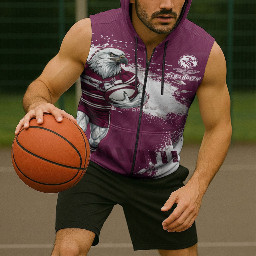 Personalised Manly Warringah Sea Eagles Rugby Sleeveless Zip Hoodie MAN Mascot - Sporty Splash Art Style