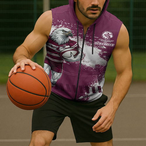 Personalised Manly Warringah Sea Eagles Rugby Sleeveless Zip Hoodie MAN Mascot - Sporty Splash Art Style