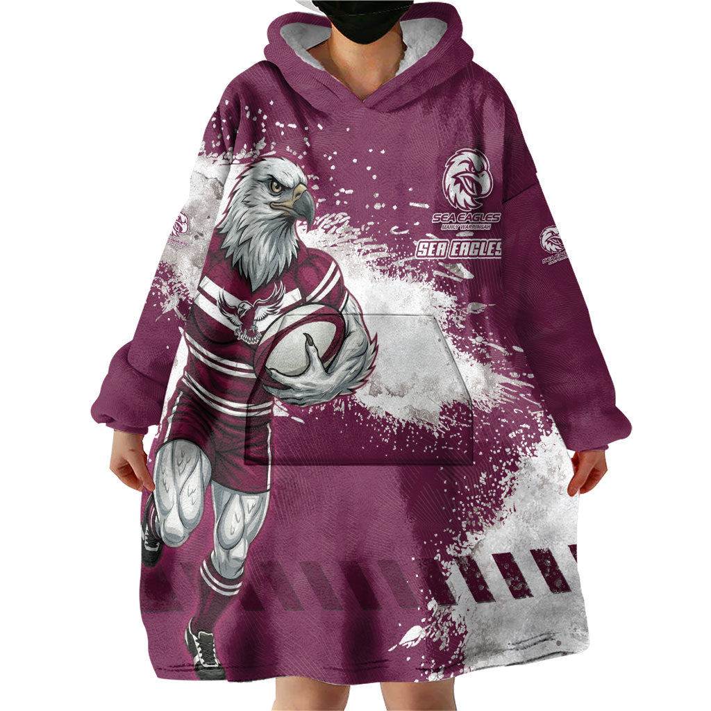 Personalised Manly Warringah Sea Eagles Rugby Wearable Blanket Hoodie MAN Mascot - Sporty Splash Art Style