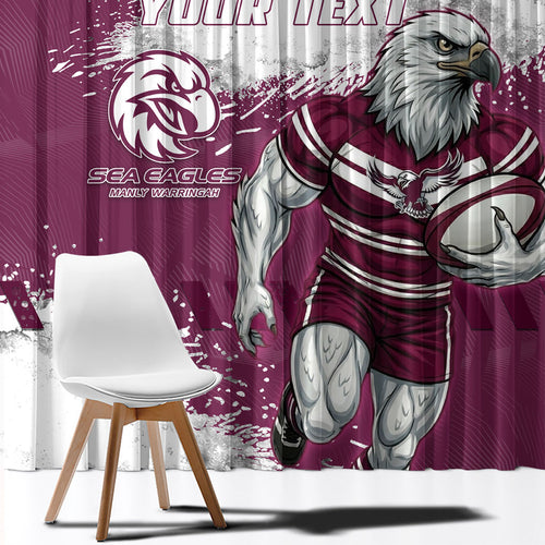 Personalised Manly Warringah Sea Eagles Rugby Window Curtain MAN Mascot - Sporty Splash Art Style
