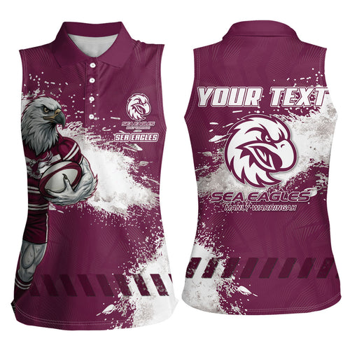 Personalised Manly Warringah Sea Eagles Rugby Women Sleeveless Polo Shirt MAN Mascot - Sporty Splash Art Style