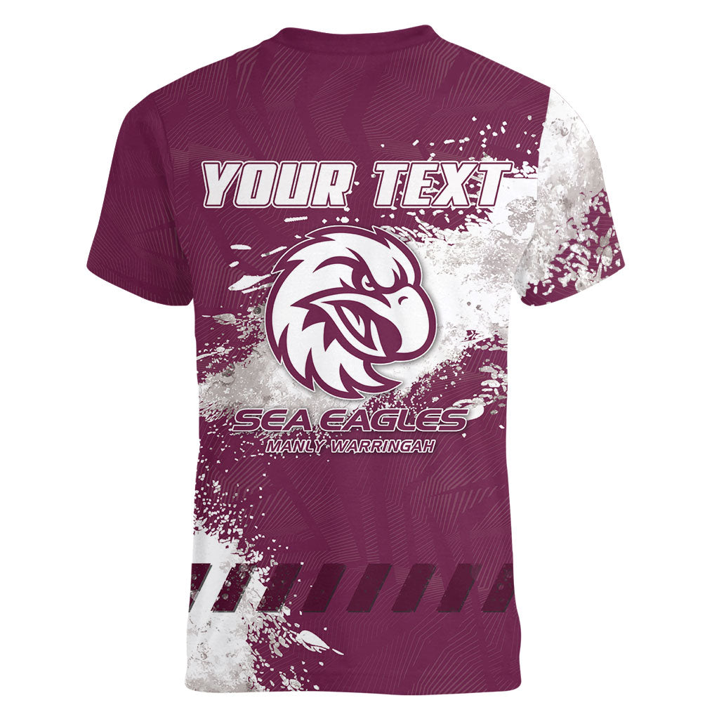 Personalised Manly Warringah Sea Eagles Rugby Women V-Neck T-Shirt MAN Mascot - Sporty Splash Art Style