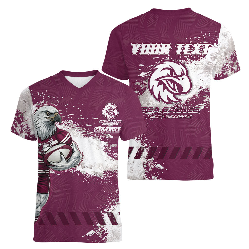 Personalised Manly Warringah Sea Eagles Rugby Women V-Neck T-Shirt MAN Mascot - Sporty Splash Art Style