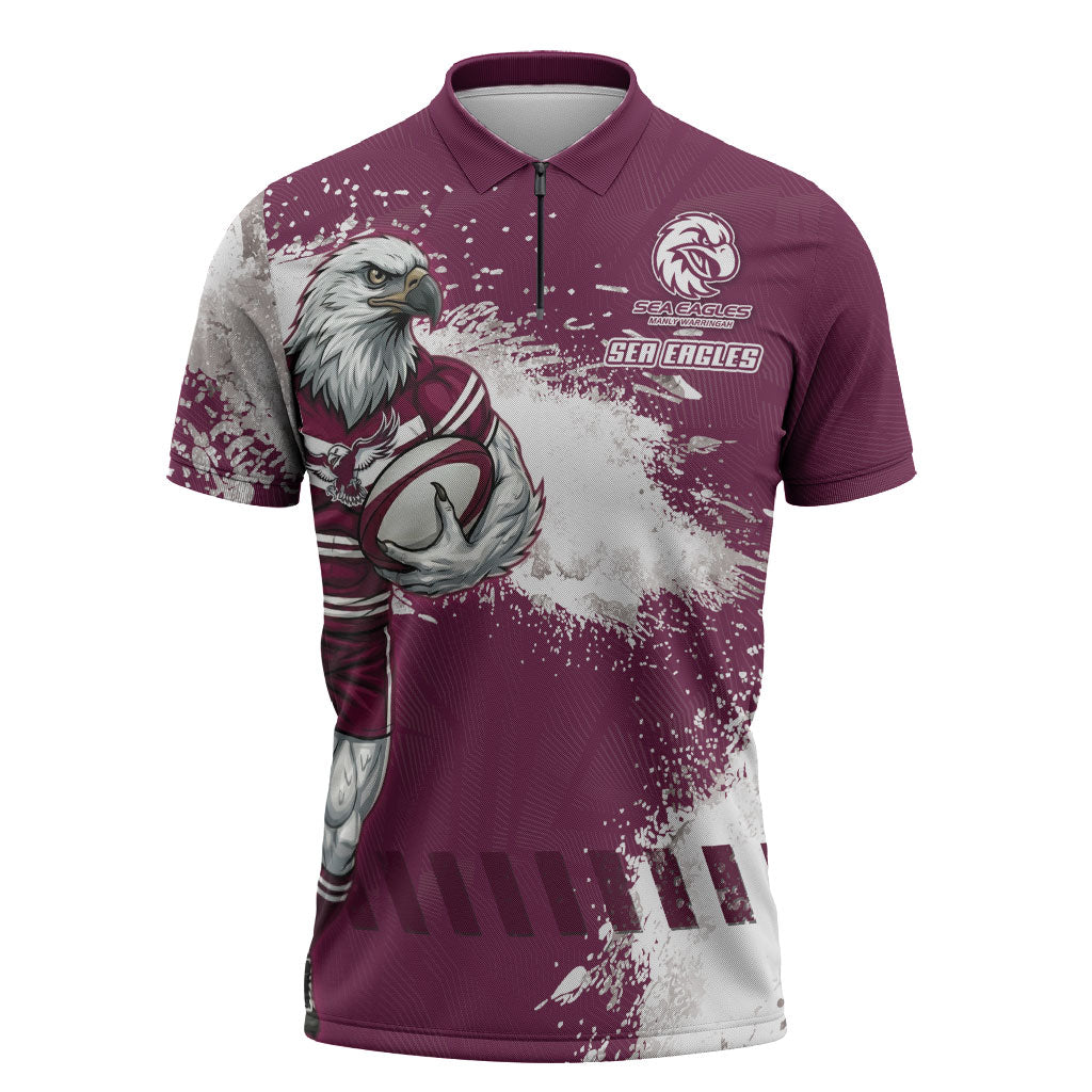 Personalised Manly Warringah Sea Eagles Rugby Zipper Polo Shirt MAN Mascot - Sporty Splash Art Style