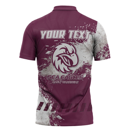 Personalised Manly Warringah Sea Eagles Rugby Zipper Polo Shirt MAN Mascot - Sporty Splash Art Style