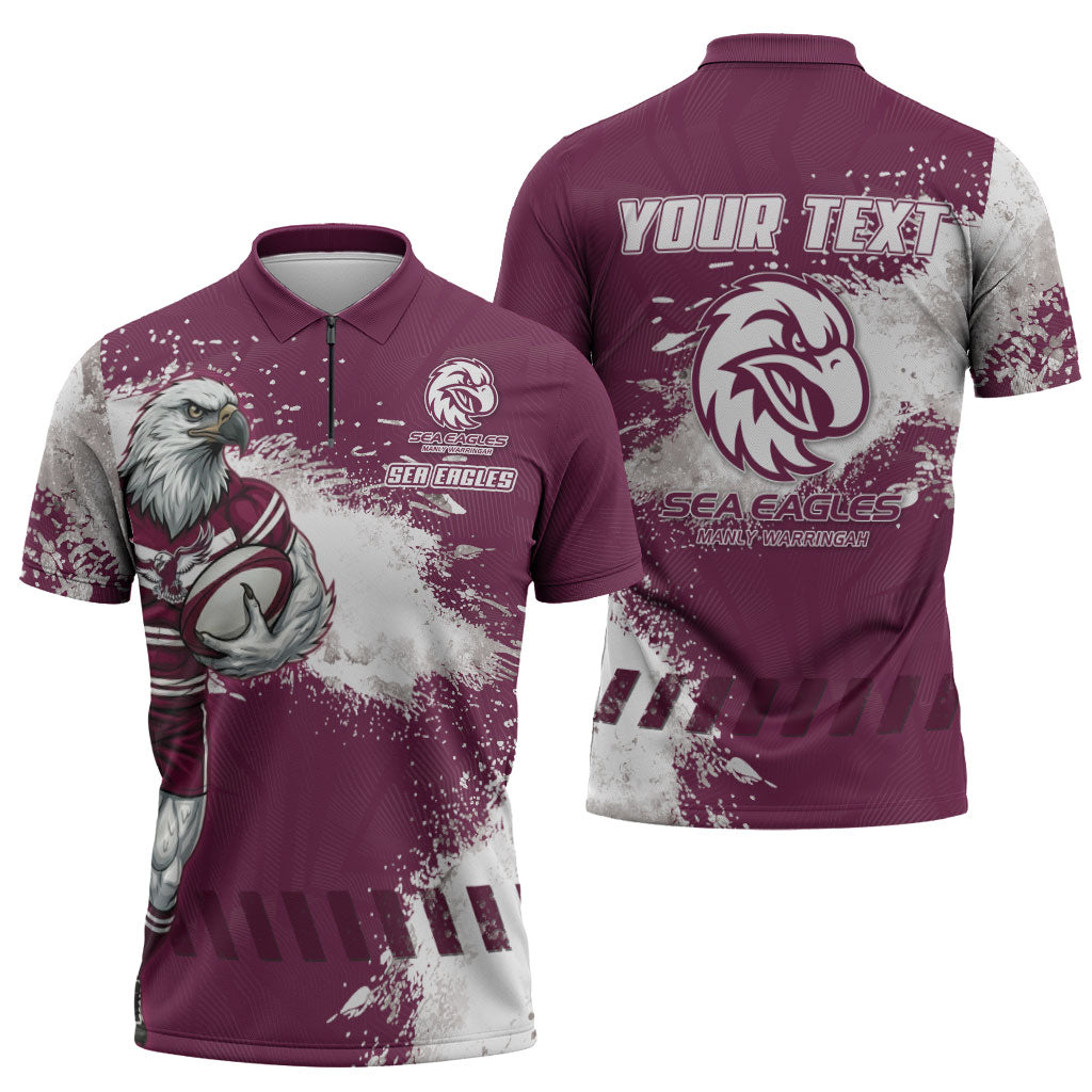 Personalised Manly Warringah Sea Eagles Rugby Zipper Polo Shirt MAN Mascot - Sporty Splash Art Style