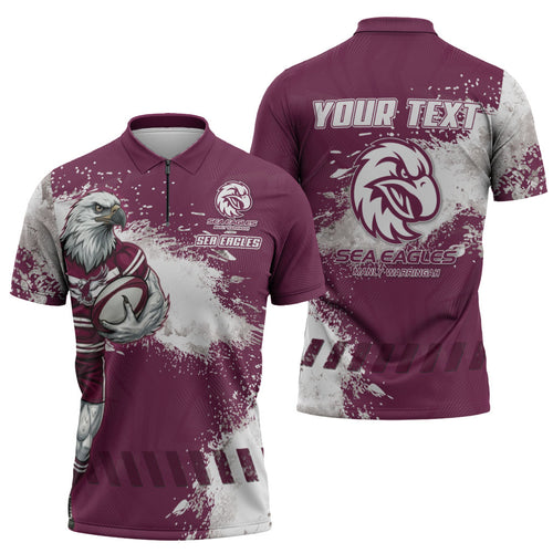 Personalised Manly Warringah Sea Eagles Rugby Zipper Polo Shirt MAN Mascot - Sporty Splash Art Style