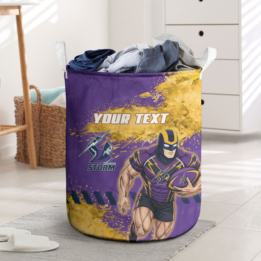 Personalised Melbourne Storm Rugby Laundry Basket Superhero Purple Storm Mascot - Sporty Splash Art Style