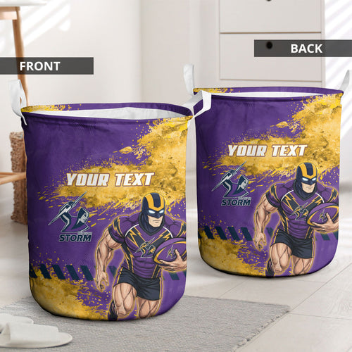 Personalised Melbourne Storm Rugby Laundry Basket Superhero Purple Storm Mascot - Sporty Splash Art Style