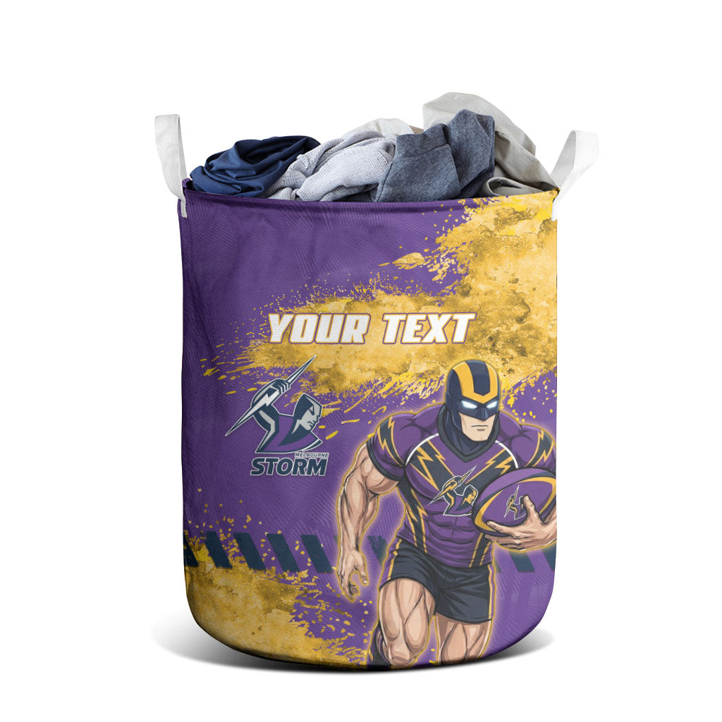 Personalised Melbourne Storm Rugby Laundry Basket Superhero Purple Storm Mascot - Sporty Splash Art Style