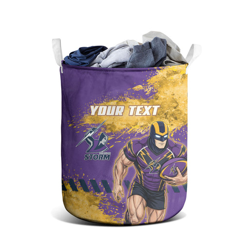 Personalised Melbourne Storm Rugby Laundry Basket Superhero Purple Storm Mascot - Sporty Splash Art Style