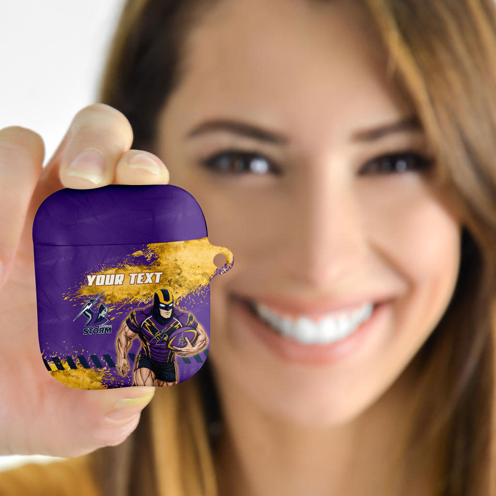 Personalised Melbourne Storm Rugby AirPods Case Superhero Purple Storm Mascot - Sporty Splash Art Style