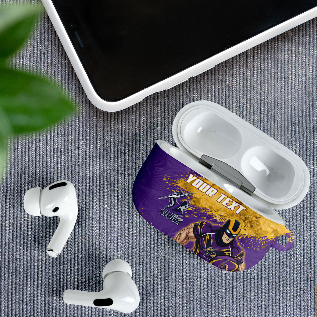 Personalised Melbourne Storm Rugby AirPods Case Superhero Purple Storm Mascot - Sporty Splash Art Style