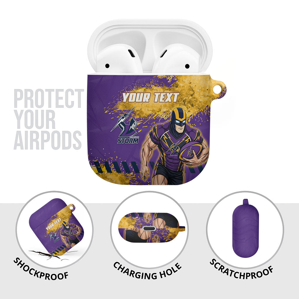 Personalised Melbourne Storm Rugby AirPods Case Superhero Purple Storm Mascot - Sporty Splash Art Style