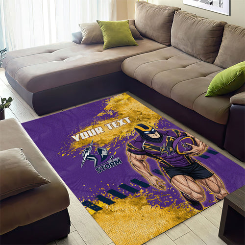 Personalised Melbourne Storm Rugby Area Rug Superhero Purple Storm Mascot - Sporty Splash Art Style