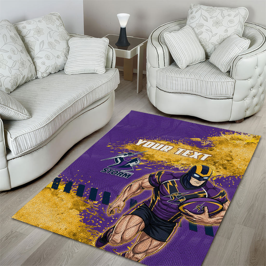 Personalised Melbourne Storm Rugby Area Rug Superhero Purple Storm Mascot - Sporty Splash Art Style