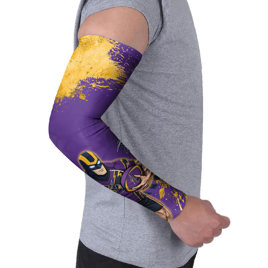 Personalised Melbourne Storm Rugby Arm Sleeves Superhero Purple Storm Mascot - Sporty Splash Art Style