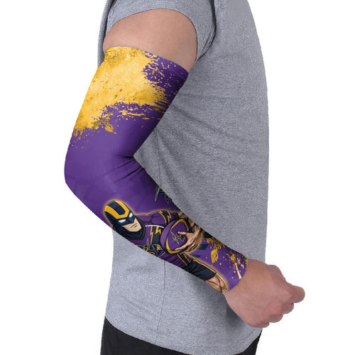 Personalised Melbourne Storm Rugby Arm Sleeves Superhero Purple Storm Mascot - Sporty Splash Art Style