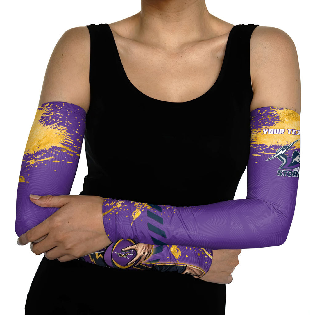Personalised Melbourne Storm Rugby Arm Sleeves Superhero Purple Storm Mascot - Sporty Splash Art Style