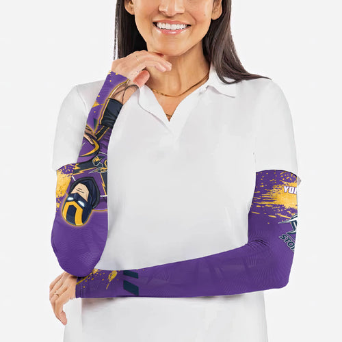 Personalised Melbourne Storm Rugby Arm Sleeves Superhero Purple Storm Mascot - Sporty Splash Art Style
