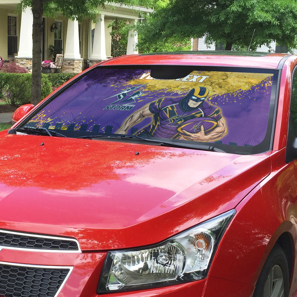 Personalised Melbourne Storm Rugby Auto Sun Shade Superhero Purple Storm Mascot - Sporty Splash Art Style