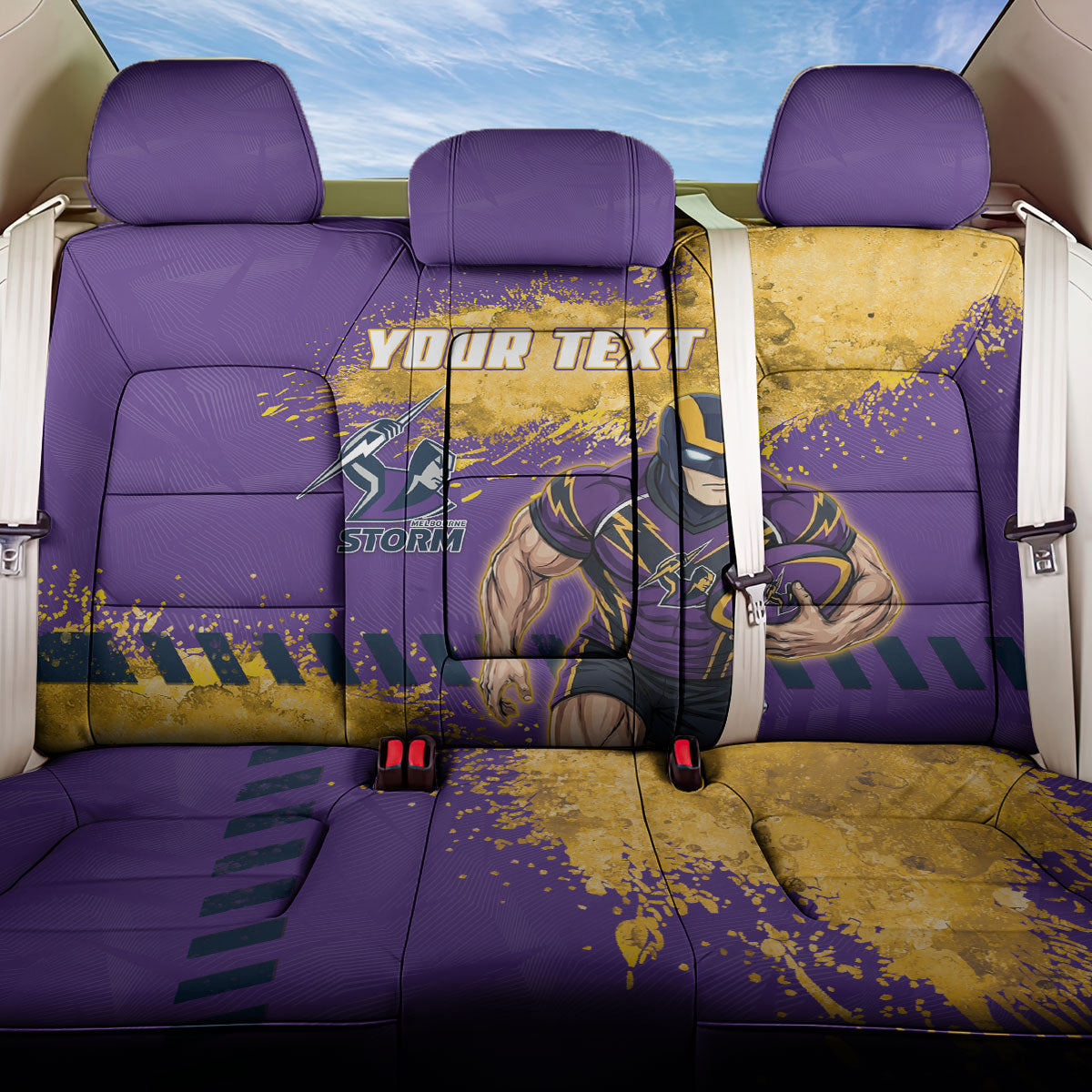 Personalised Melbourne Storm Rugby Back Car Seat Cover Superhero Purple Storm Mascot - Sporty Splash Art Style