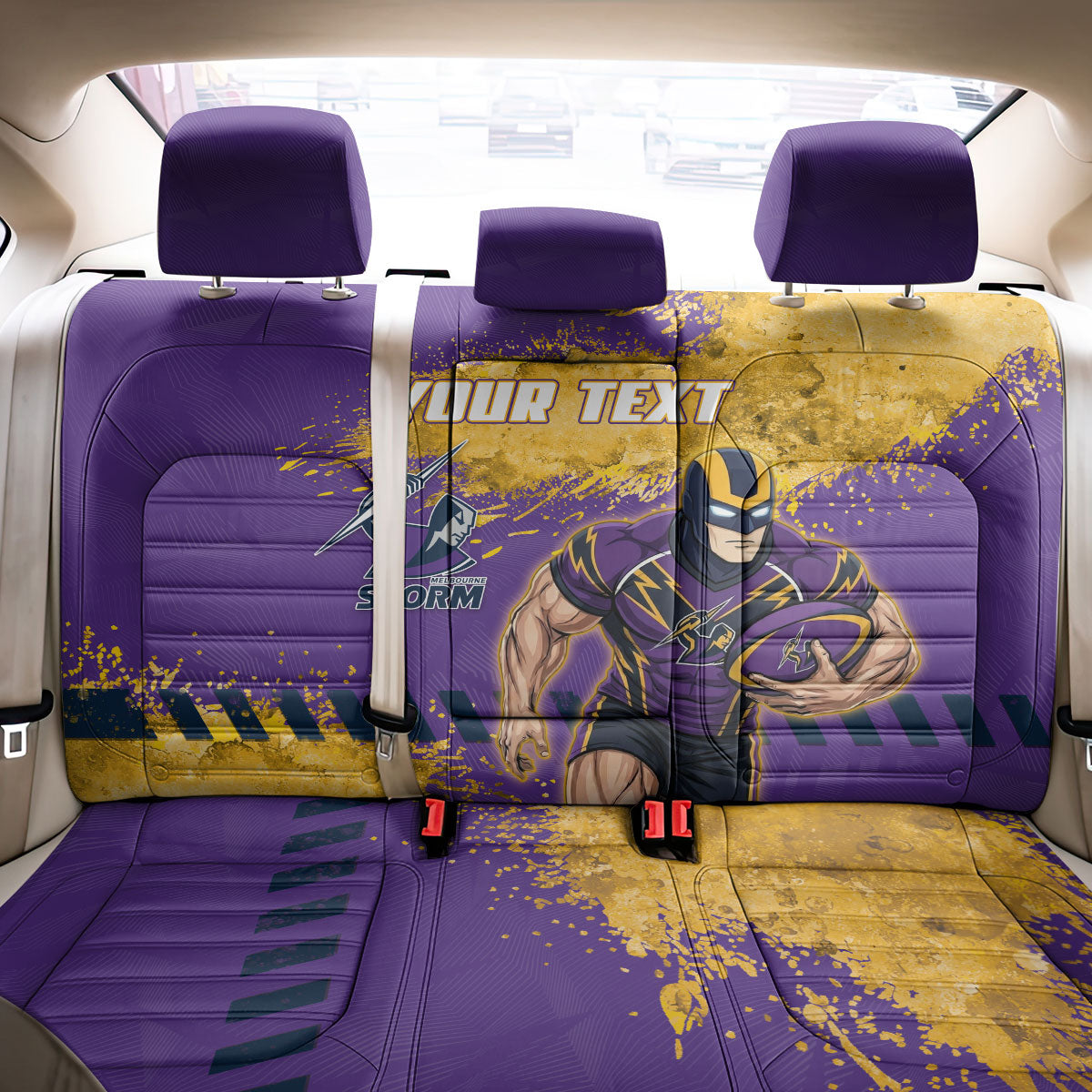 Personalised Melbourne Storm Rugby Back Car Seat Cover Superhero Purple Storm Mascot - Sporty Splash Art Style