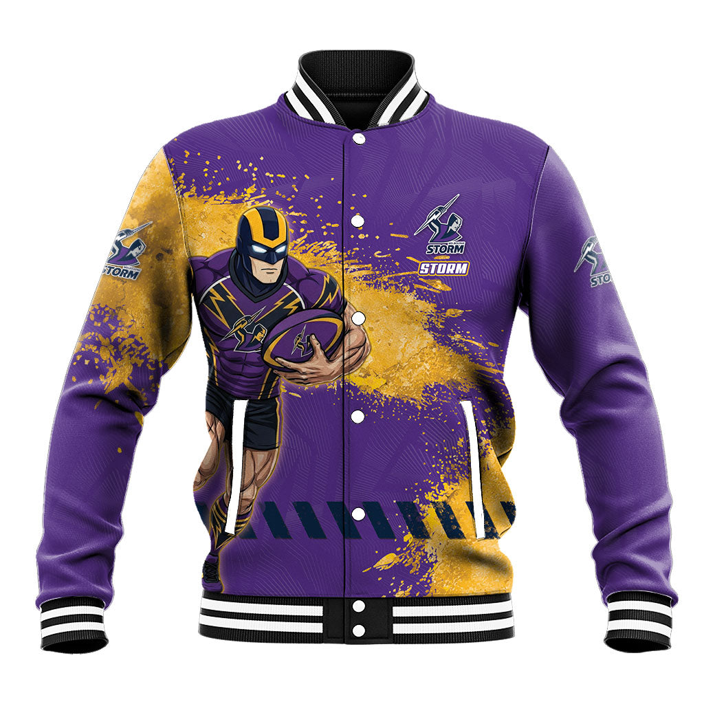 Personalised Melbourne Storm Rugby Baseball Jacket Superhero Purple Storm Mascot - Sporty Splash Art Style