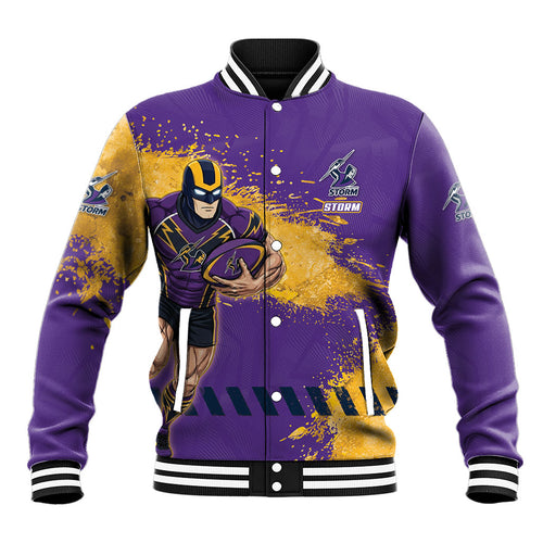 Personalised Melbourne Storm Rugby Baseball Jacket Superhero Purple Storm Mascot - Sporty Splash Art Style
