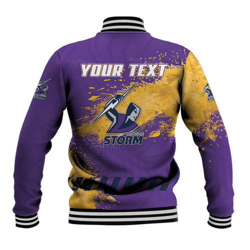 Personalised Melbourne Storm Rugby Baseball Jacket Superhero Purple Storm Mascot - Sporty Splash Art Style