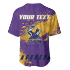 Personalised Melbourne Storm Rugby Baseball Jersey Superhero Purple Storm Mascot - Sporty Splash Art Style