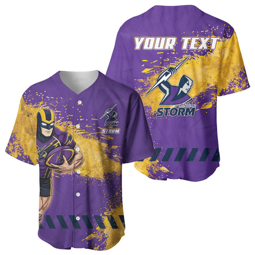 Personalised Melbourne Storm Rugby Baseball Jersey Superhero Purple Storm Mascot - Sporty Splash Art Style