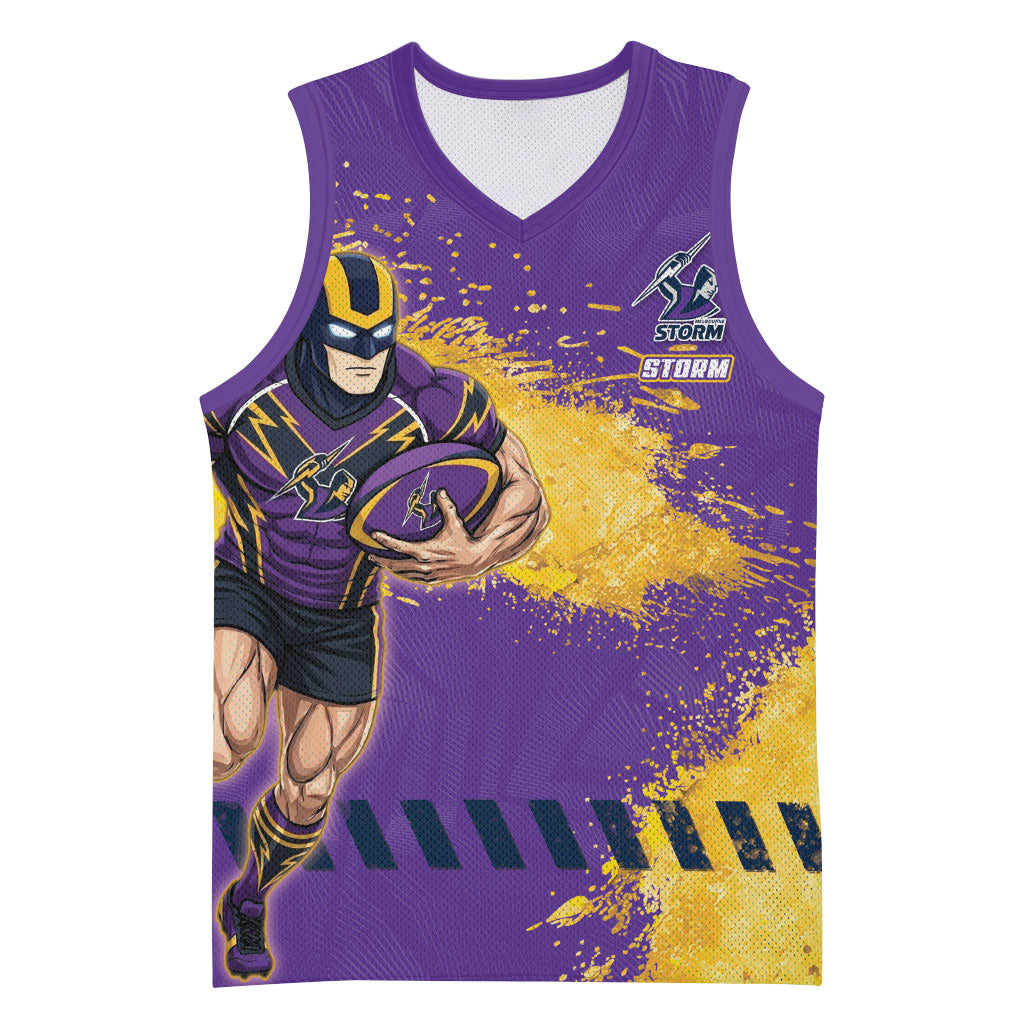 Personalised Melbourne Storm Rugby Basketball Jersey Superhero Purple Storm Mascot - Sporty Splash Art Style