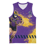Personalised Melbourne Storm Rugby Basketball Jersey Superhero Purple Storm Mascot - Sporty Splash Art Style