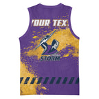 Personalised Melbourne Storm Rugby Basketball Jersey Superhero Purple Storm Mascot - Sporty Splash Art Style