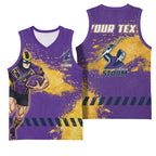 Personalised Melbourne Storm Rugby Basketball Jersey Superhero Purple Storm Mascot - Sporty Splash Art Style