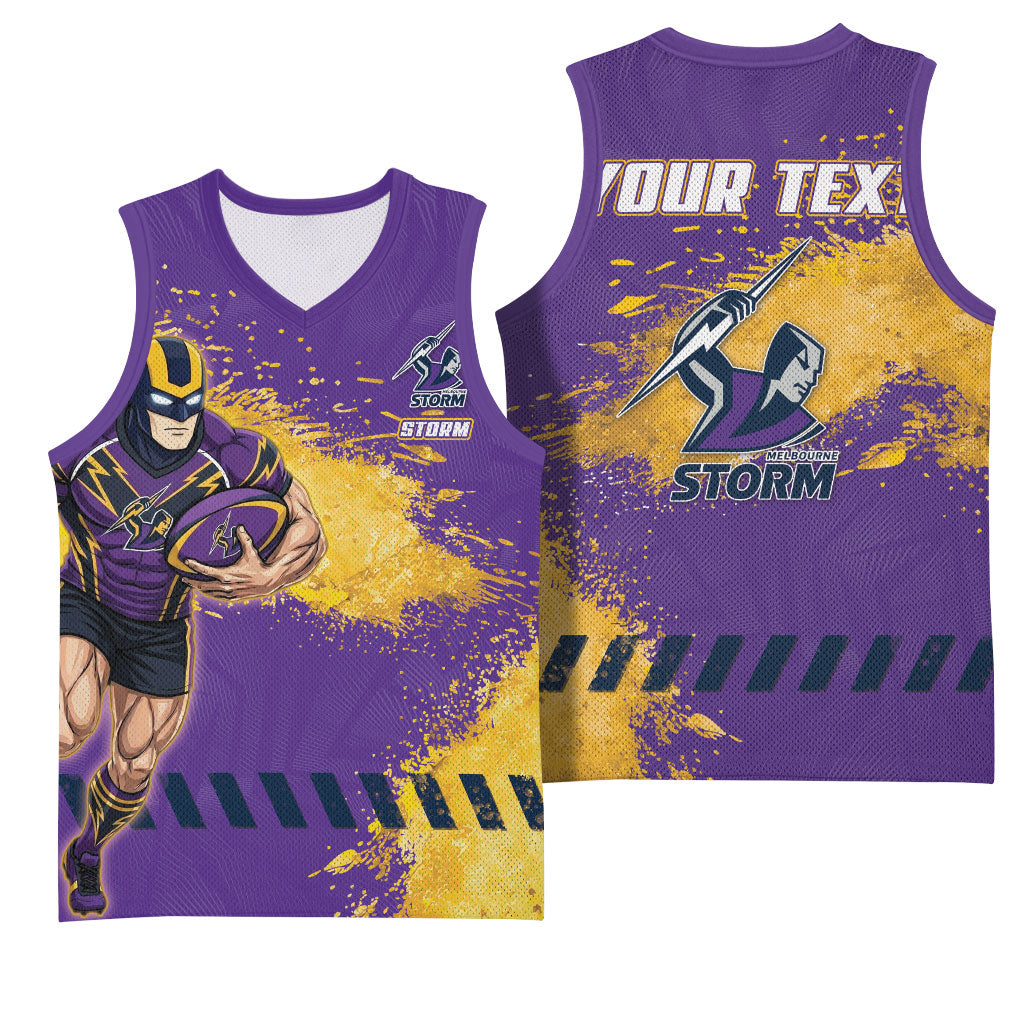 Personalised Melbourne Storm Rugby Basketball Jersey Superhero Purple Storm Mascot - Sporty Splash Art Style