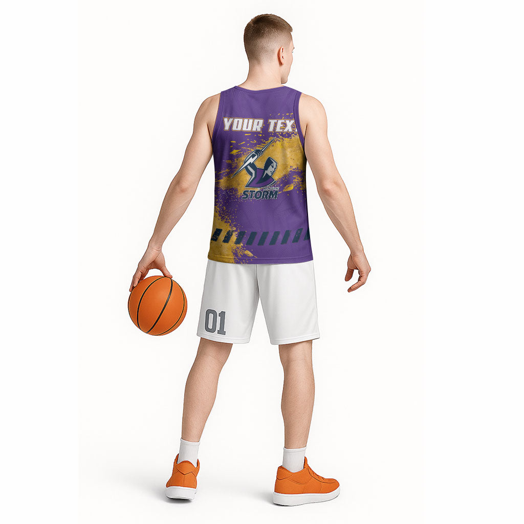 Personalised Melbourne Storm Rugby Basketball Jersey Superhero Purple Storm Mascot - Sporty Splash Art Style