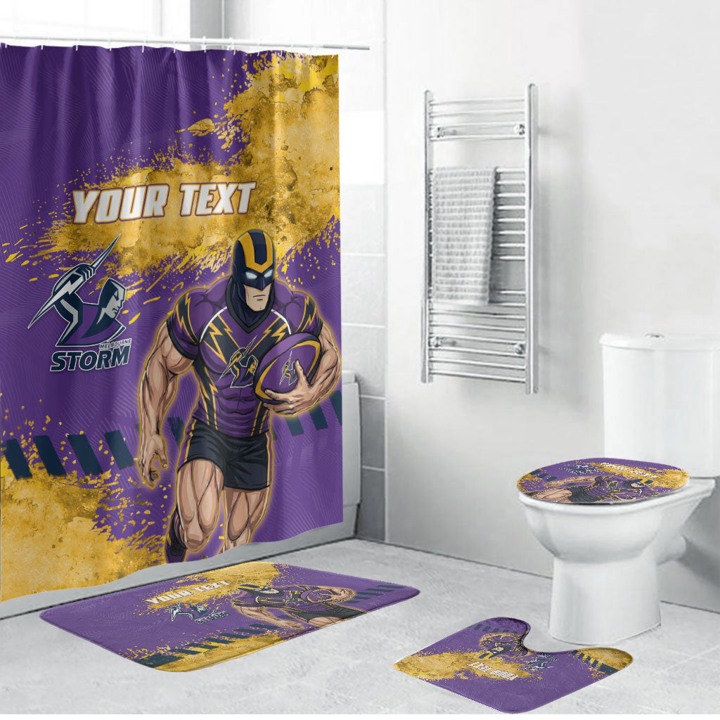 Personalised Melbourne Storm Rugby Bathroom Set Superhero Purple Storm Mascot - Sporty Splash Art Style