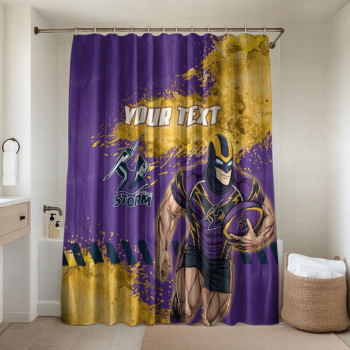 Personalised Melbourne Storm Rugby Bathroom Set Superhero Purple Storm Mascot - Sporty Splash Art Style