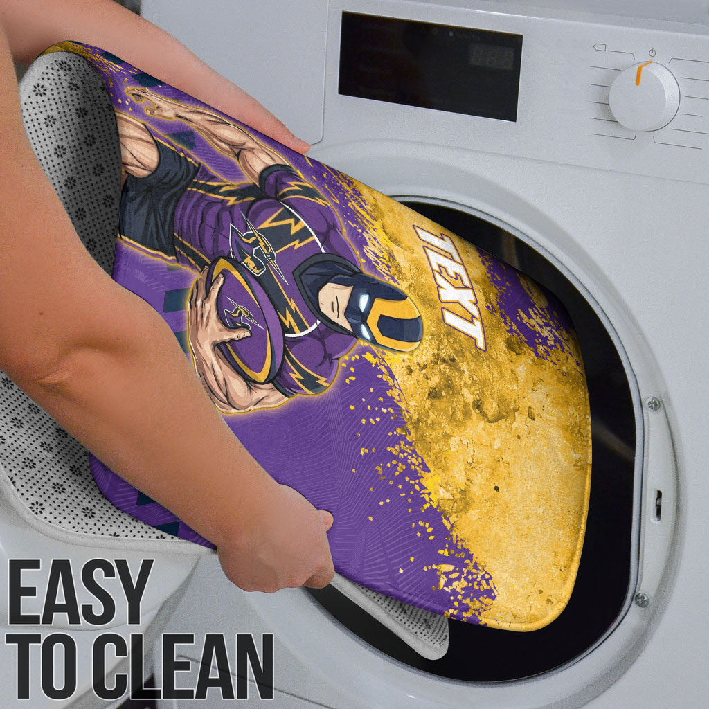 Personalised Melbourne Storm Rugby Bathroom Set Superhero Purple Storm Mascot - Sporty Splash Art Style