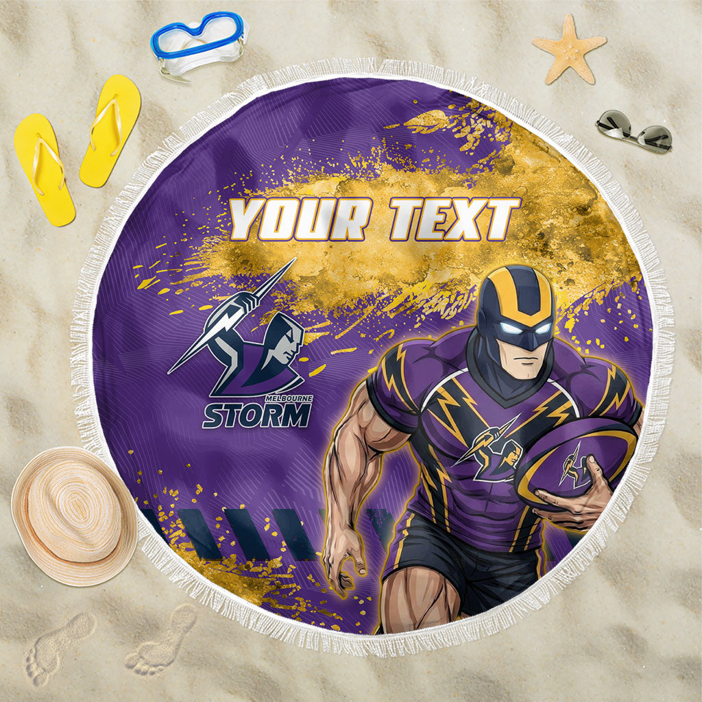 Personalised Melbourne Storm Rugby Beach Blanket Superhero Purple Storm Mascot - Sporty Splash Art Style