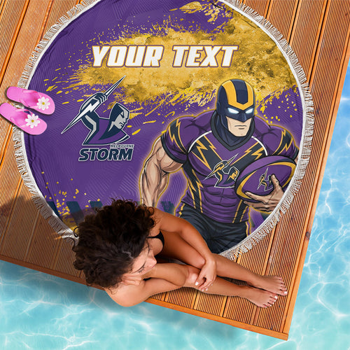 Personalised Melbourne Storm Rugby Beach Blanket Superhero Purple Storm Mascot - Sporty Splash Art Style