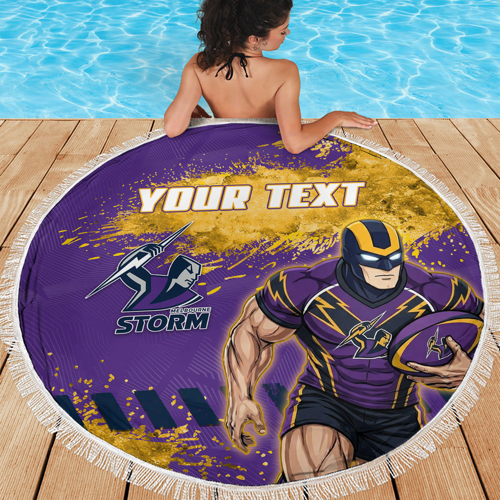 Personalised Melbourne Storm Rugby Beach Blanket Superhero Purple Storm Mascot - Sporty Splash Art Style