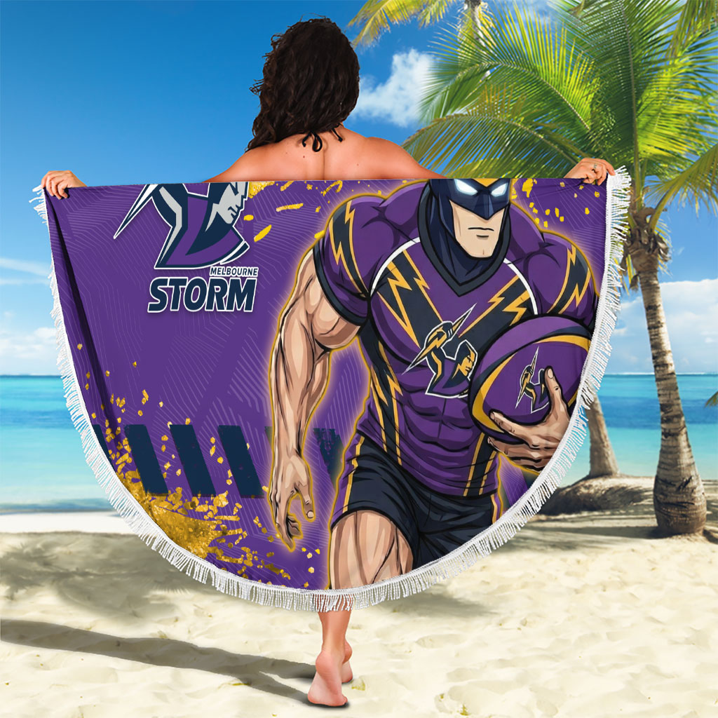 Personalised Melbourne Storm Rugby Beach Blanket Superhero Purple Storm Mascot - Sporty Splash Art Style